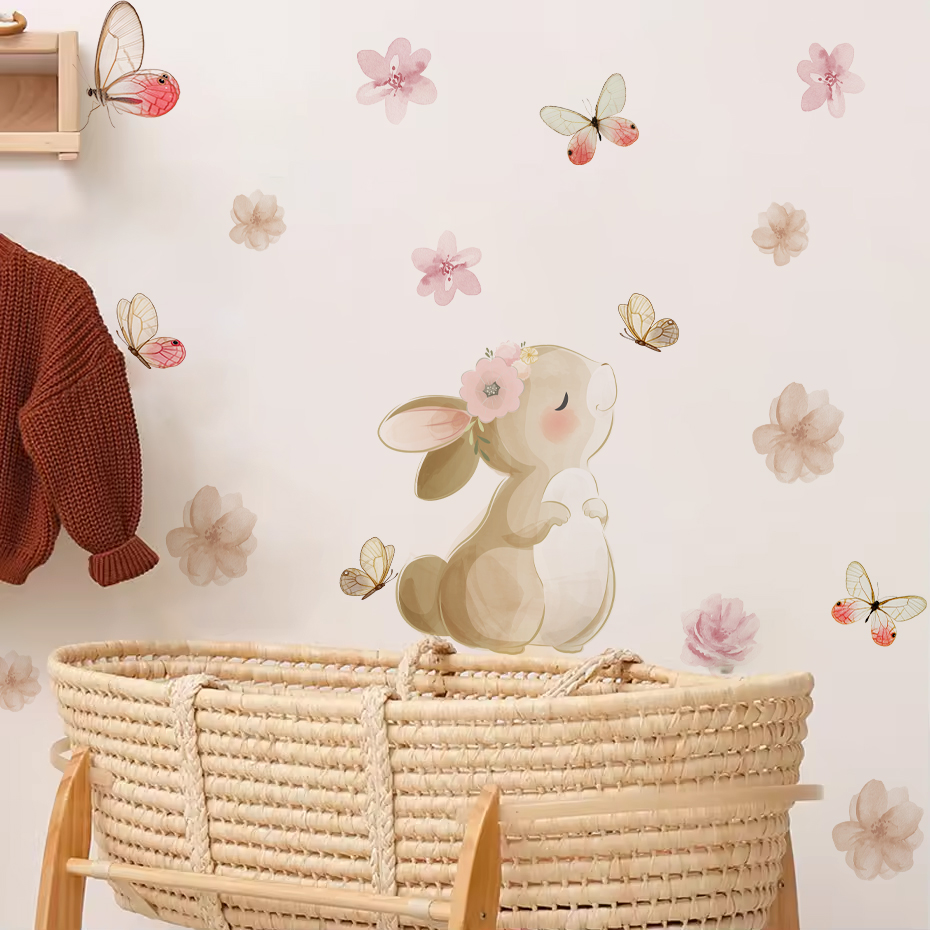 Cartoon Rabbit Flowers Butterf - Baby Nursery Decor Girl review and price